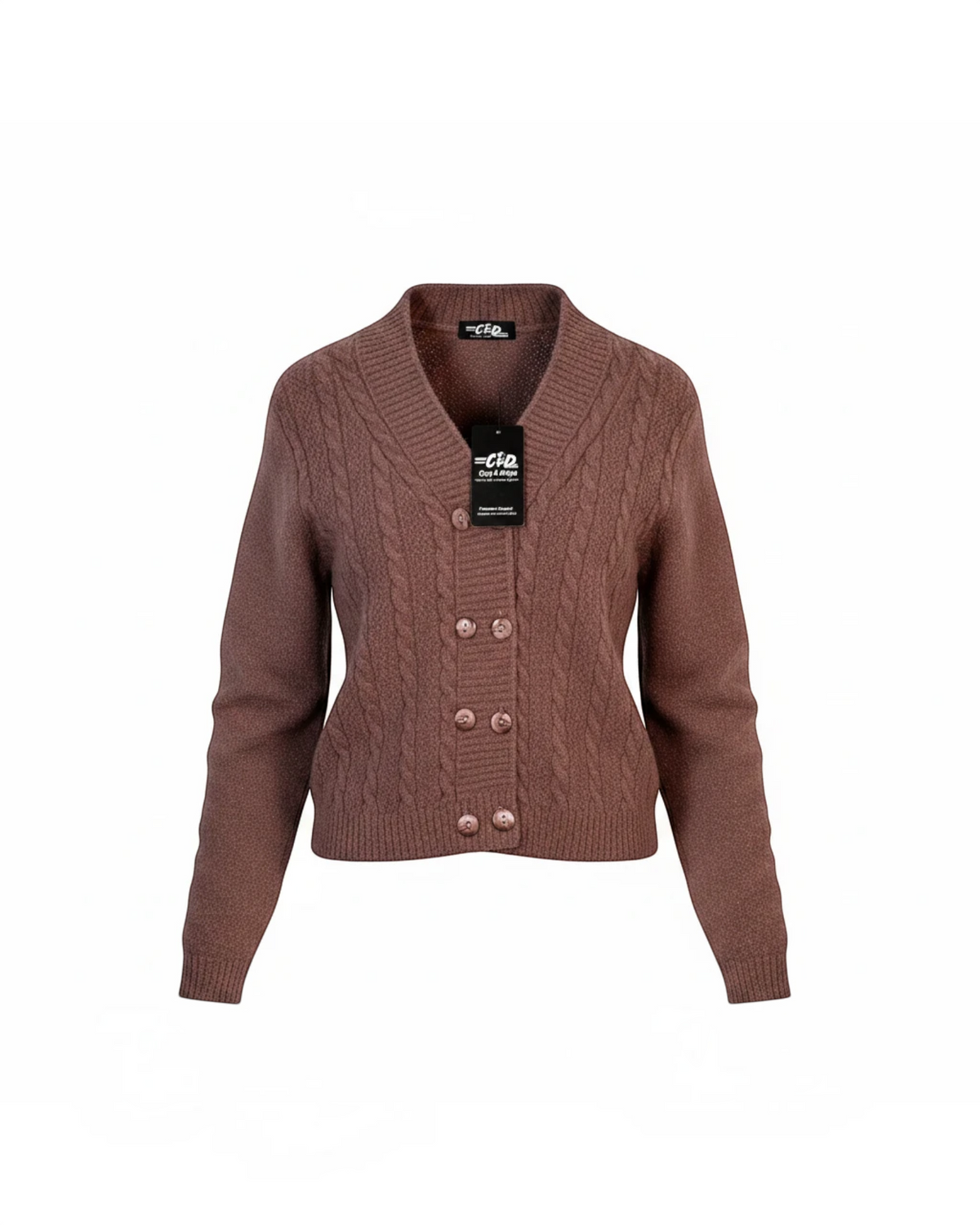 Cozy&Drape brown cropped cable-knit cardigan with a V-neckline and button-front closure.