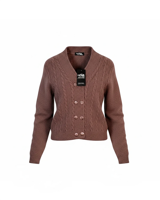 Cozy&Drape brown cropped cable-knit cardigan with a V-neckline and button-front closure.