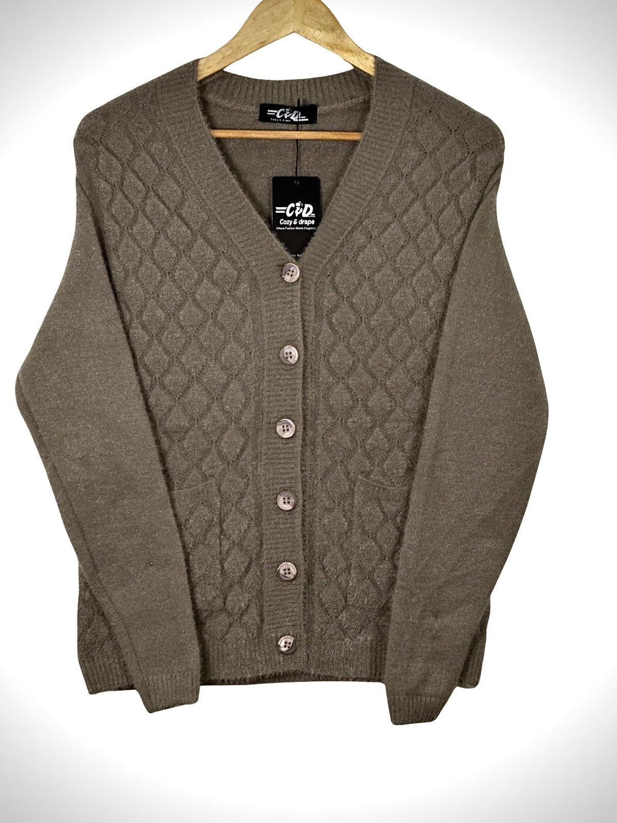 Cozy&Drape brown full-sleeve cardigan sweater with a diamond knit pattern, V-neck, and front button closure.