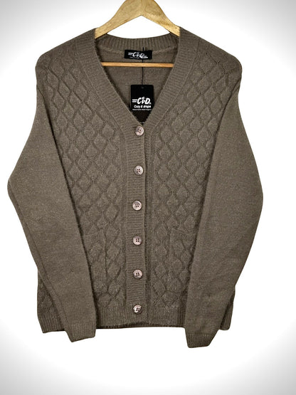 Cozy&Drape brown full-sleeve cardigan sweater with a diamond knit pattern, V-neck, and front button closure.