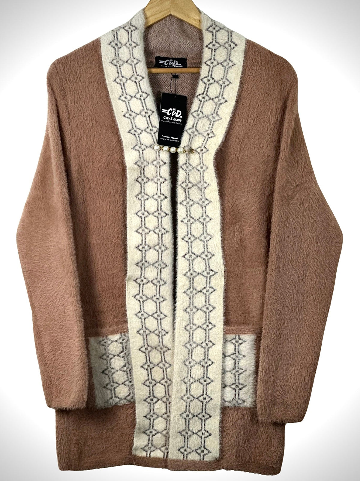 Cozy&Drape open front sweater in brown with cream geometric patterned trim and front pockets