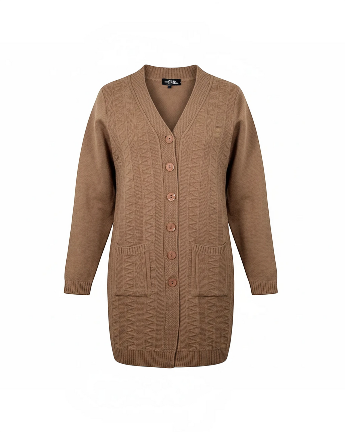 Cozy&Drape long-line brown knit cardigan with V-neck, button front, and two front pockets.