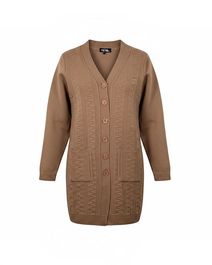 Cozy&Drape long-line brown knit cardigan with V-neck, button front, and two front pockets.