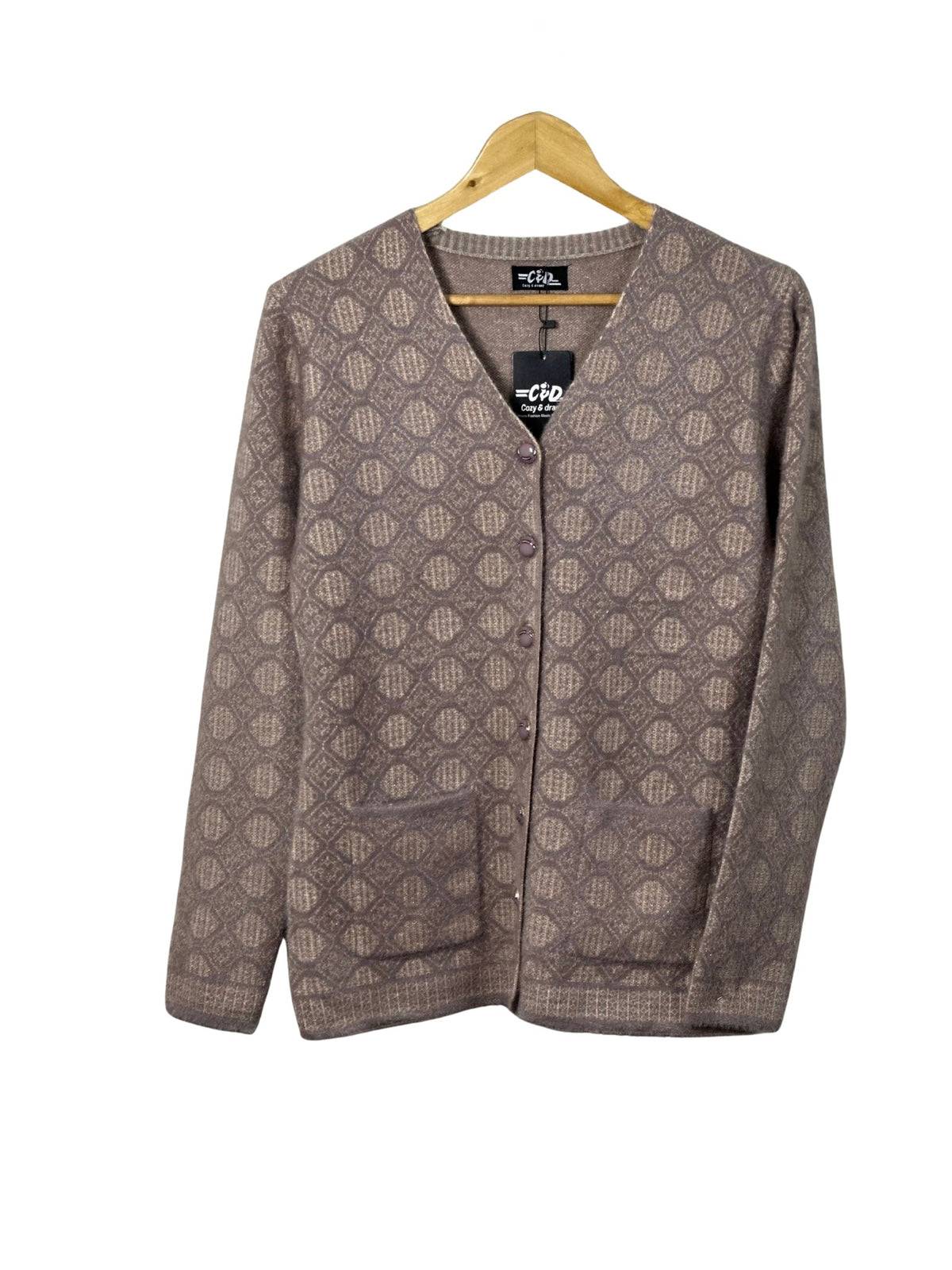 Cozy&Drape brown patterned full sleeve cardigan sweater with front pockets and button-down closure on a hanger