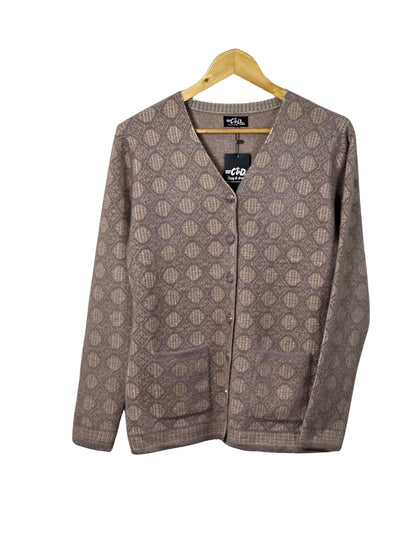 Cozy&Drape brown patterned full sleeve cardigan sweater with front pockets and button-down closure on a hanger