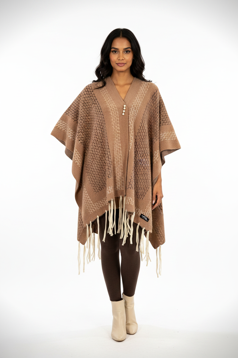 Model wearing a Cozy&Drape brown geometric patterned fringe poncho wrap with a pearl-style clasp over brown leggings.