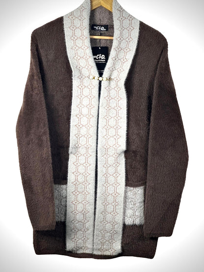 Cozy&Drape open front sweater in brown and beige with a geometric patterned trim and front pockets