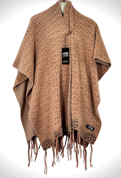 Cozy&Drape brown patterned winter cape shawl with fringe hem and toggle closure for elegant warmth