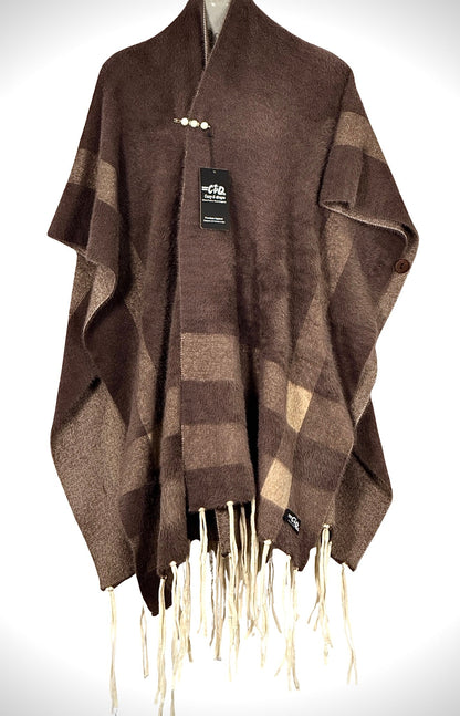 Cozy&Drape brown plaid winter cape shawl with fringe hem and decorative pin closure for elegant warmth