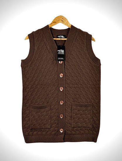 Cozy&Drape brown sleeveless cardigan sweater with a cable knit texture, V-neck, button front, and two front pockets.