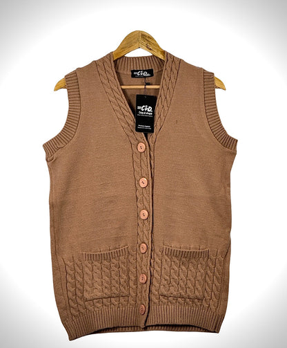 Cozy&Drape brown sleeveless cardigan sweater with a V-neck, button front, and cable knit pocket details.