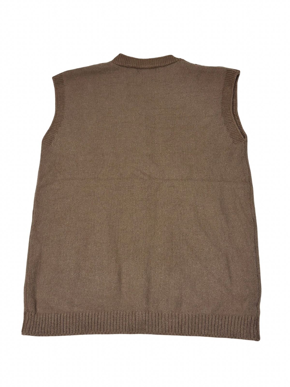 Cozy&Drape brown sleeveless wool cardigan sweater featuring a ribbed hem and armholes, back view.