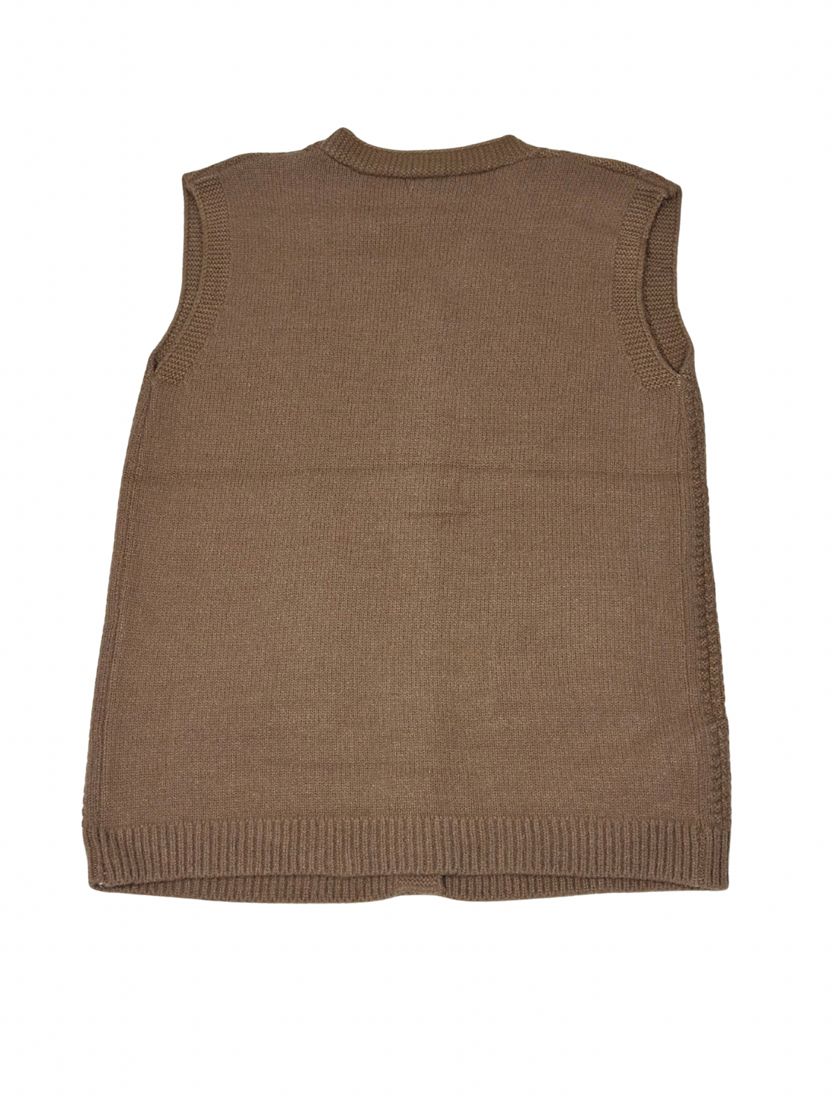 Cozy&Drape brown sleeveless wool cardigan sweater with a ribbed hem and armholes, shown from the back.