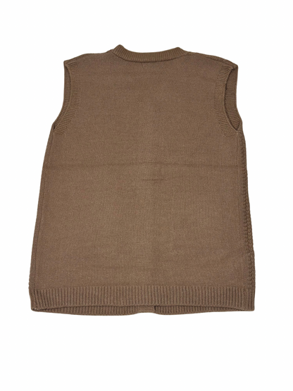 Cozy&Drape brown sleeveless wool cardigan sweater with a ribbed hem and armholes, shown from the back.