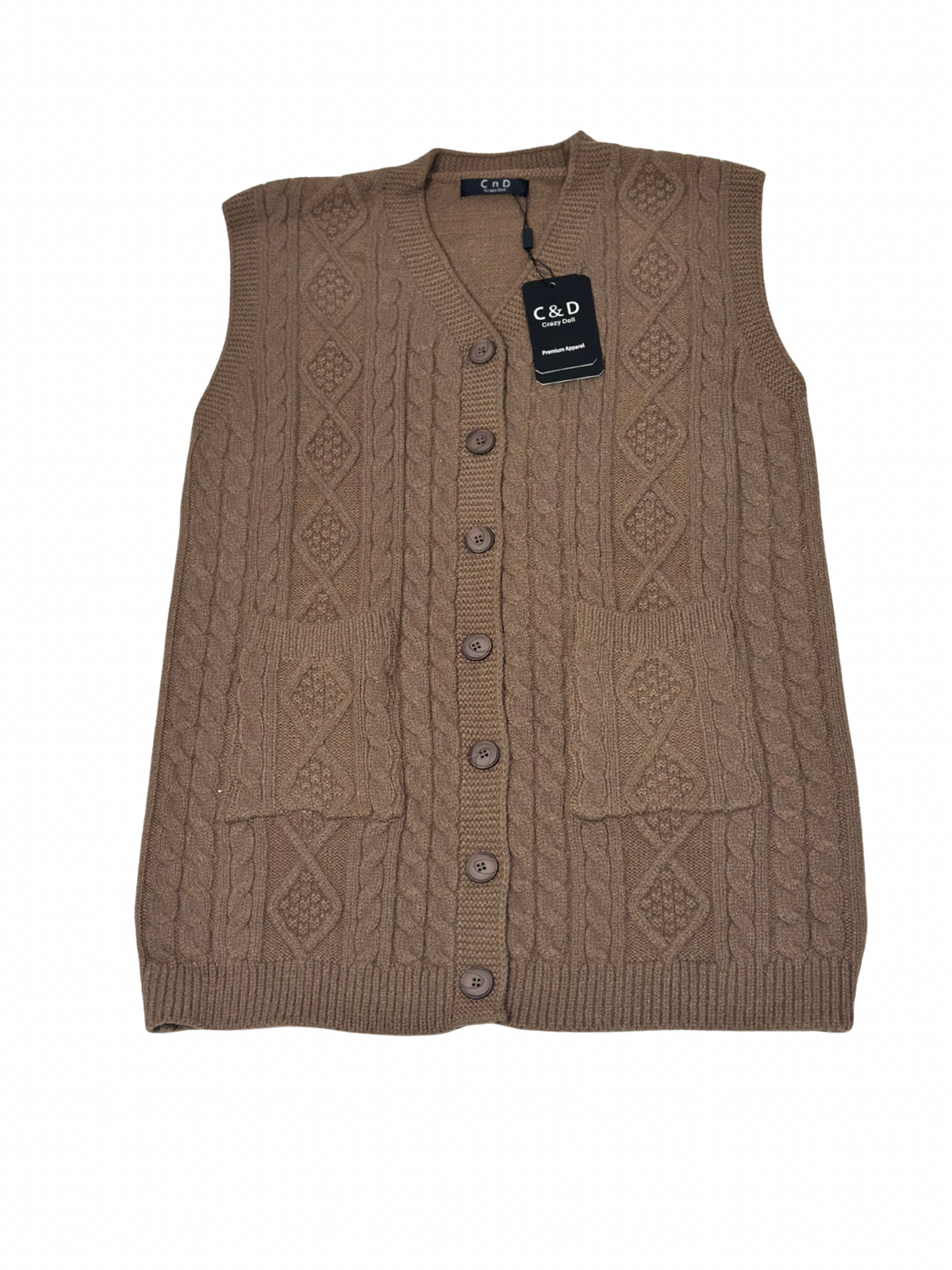 Cozy&Drape brown wool sleeveless cardigan sweater with cable knit pattern, front buttons, and two patch pockets.