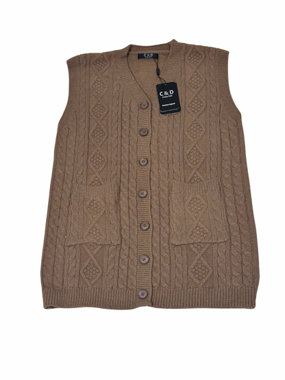 Cozy&Drape brown wool sleeveless cardigan sweater with cable knit pattern, front buttons, and two patch pockets.