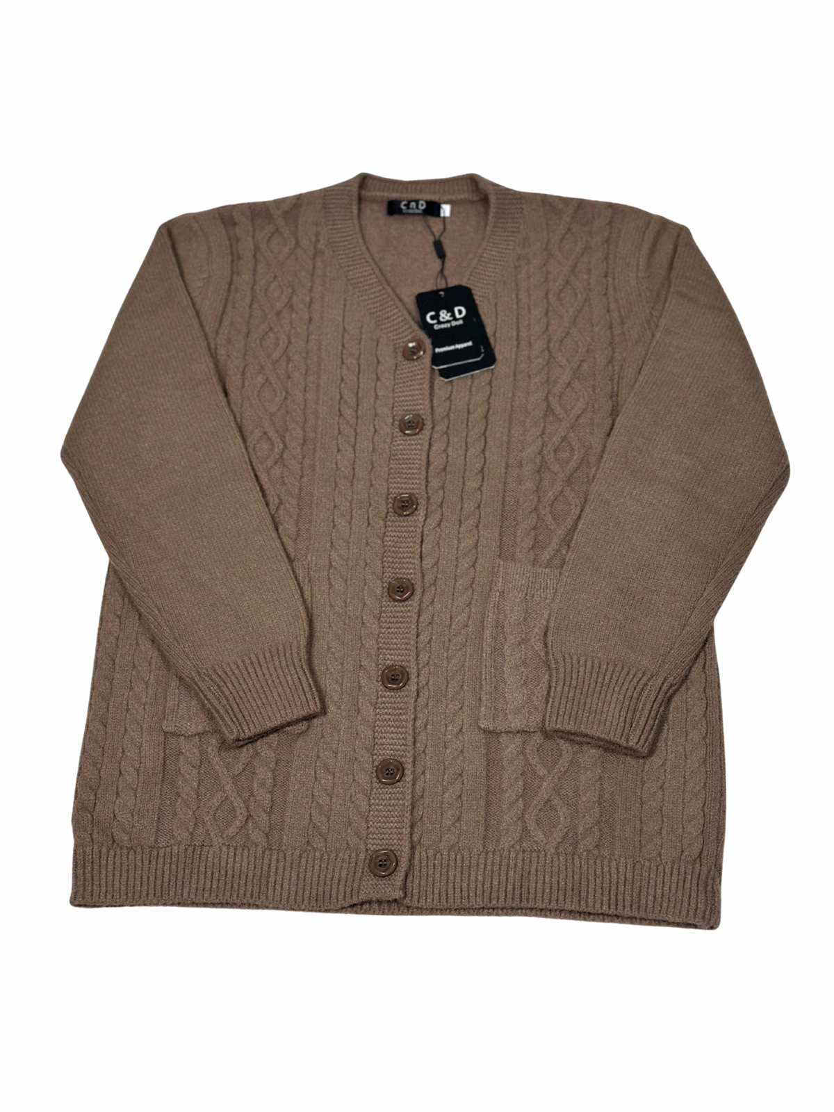 Cozy&Drape brown wool cable knit cardigan sweater with front buttons and pockets