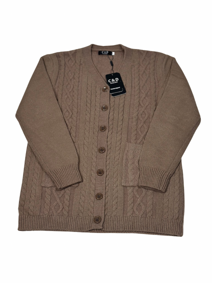 Cozy&Drape brown wool cable knit cardigan sweater with front buttons and pockets
