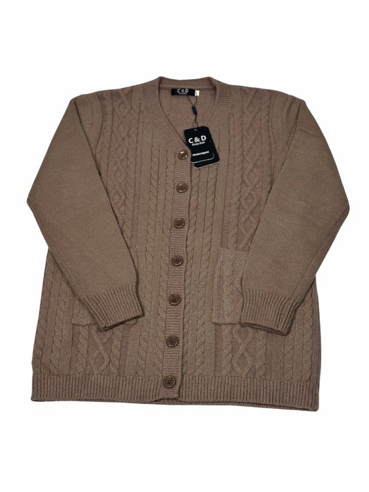 Cozy&Drape brown wool cable knit cardigan sweater with front buttons and pockets