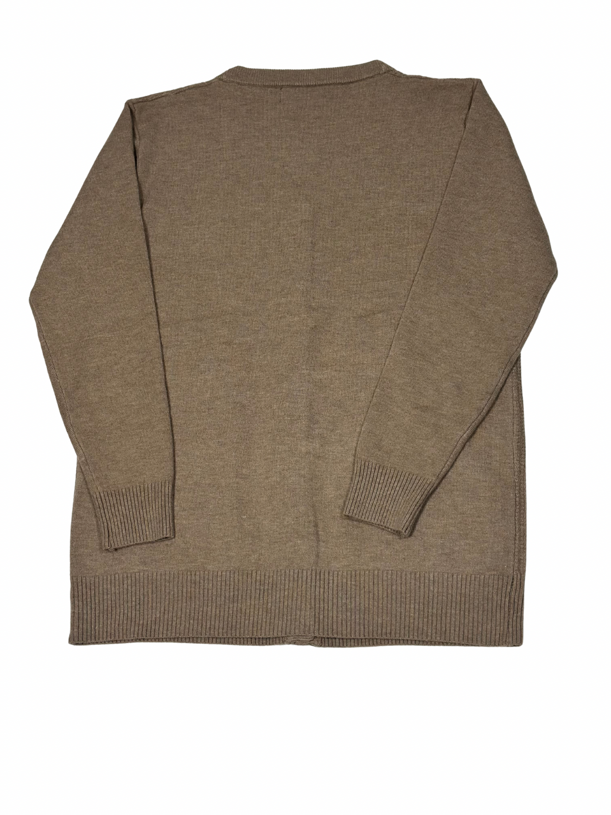 Cozy&Drape brown wool cardigan sweater with long sleeves and ribbed cuffs, shown from the back.