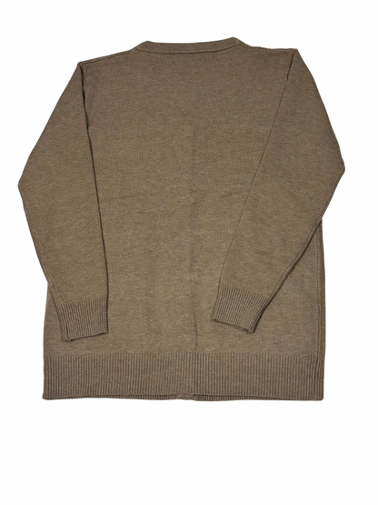Cozy&Drape brown wool cardigan sweater with long sleeves and ribbed cuffs, shown from the back.