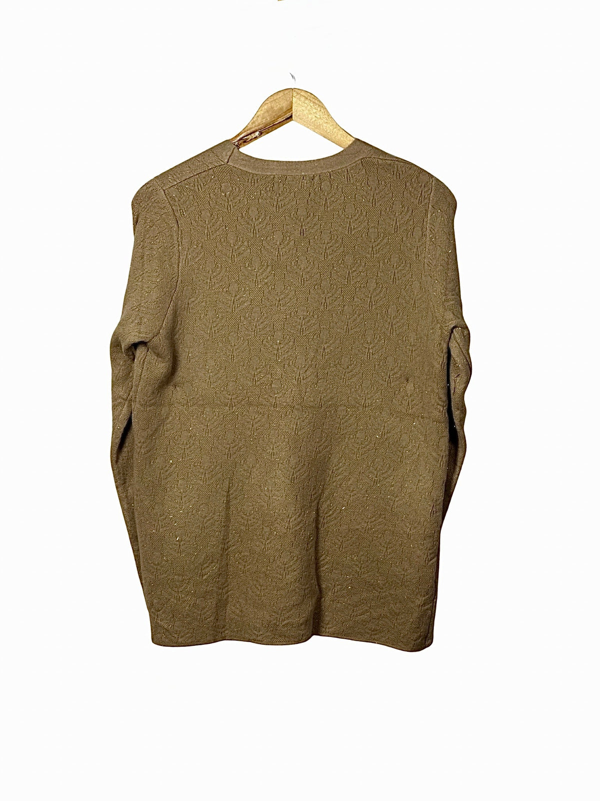 Cozy&Drape full sleeves wool cardigan sweater in a textured brown knit, shown from the back on a wooden hanger.