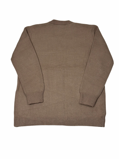 Cozy&Drape brown wool long sleeve cardigan sweater, back view showing ribbed cuffs and hem for a comfortable fit.