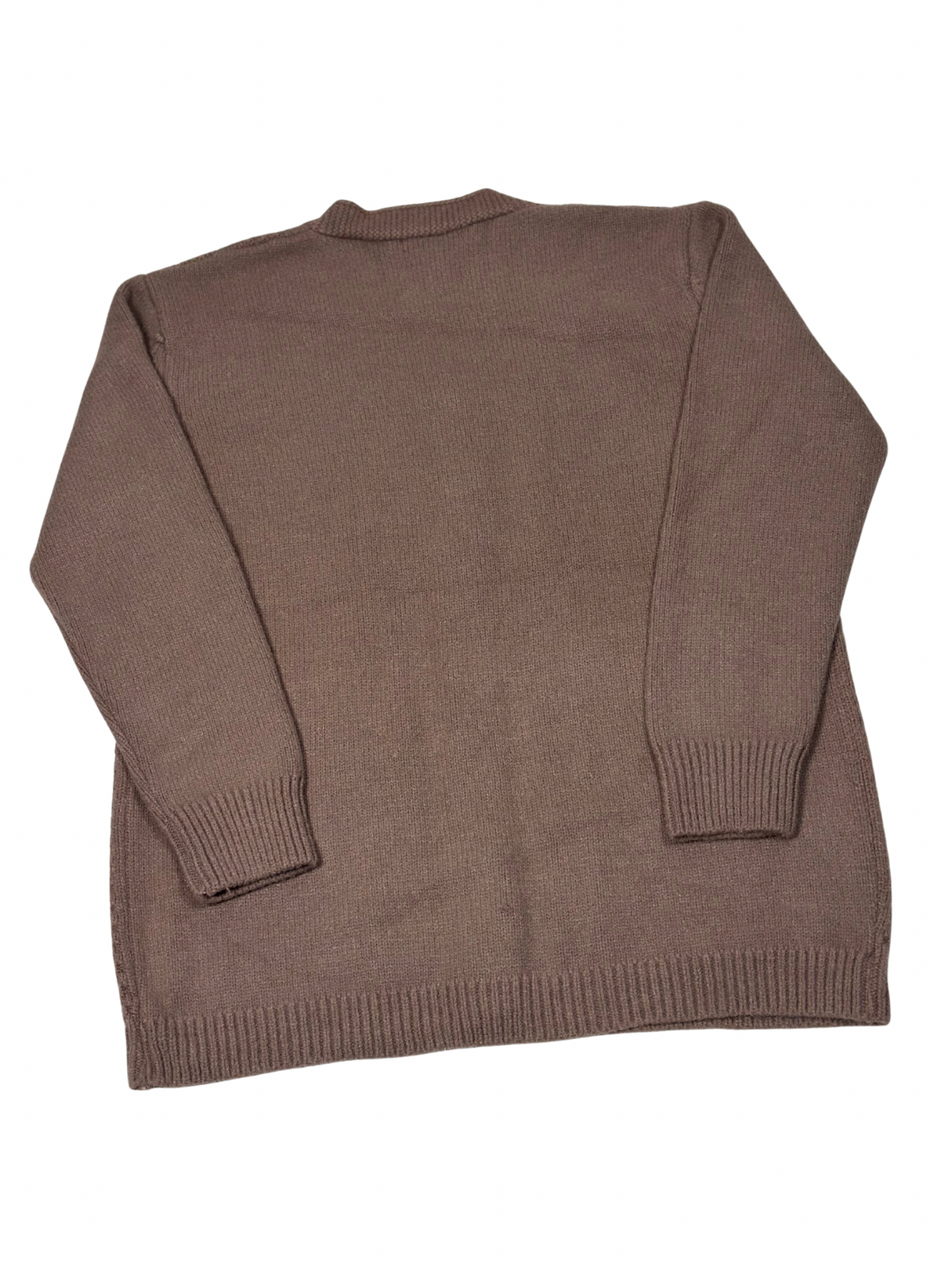 Cozy&Drape brown wool full sleeve cardigan sweater with ribbed cuffs and hem, shown from the back.