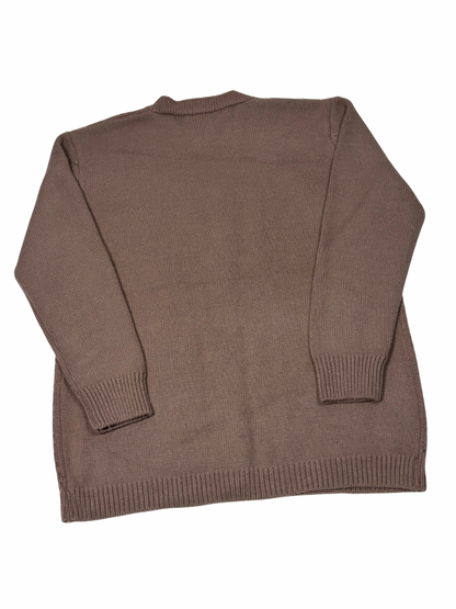 Cozy&Drape brown wool full sleeve cardigan sweater with ribbed cuffs and hem, shown from the back.