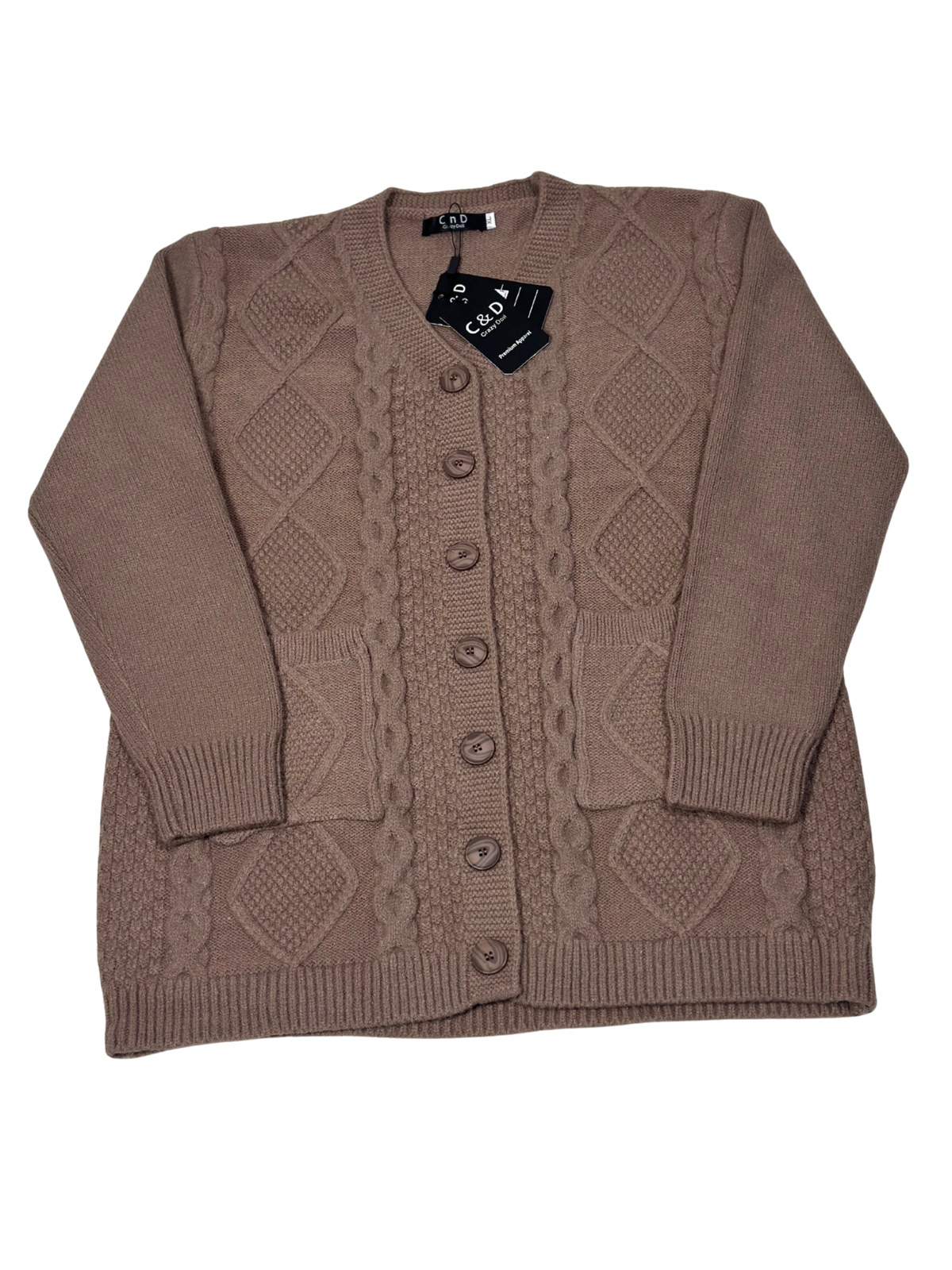 Cozy&Drape brown wool cardigan sweater with cable knit pattern, front buttons, and pockets on a white background