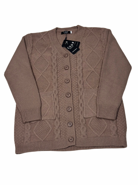 Cozy&Drape brown wool cardigan sweater with cable knit pattern, front buttons, and pockets on a white background