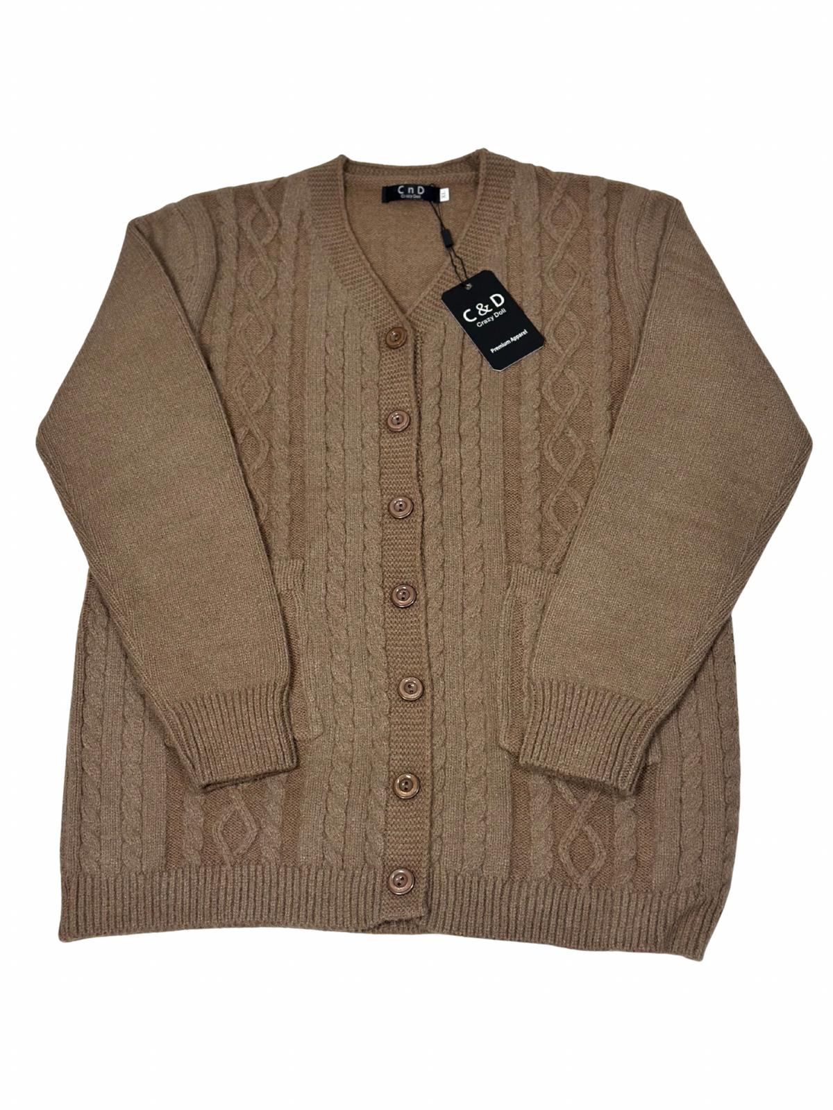 Cozy&Drape brown wool cable knit cardigan sweater with front buttons and pockets