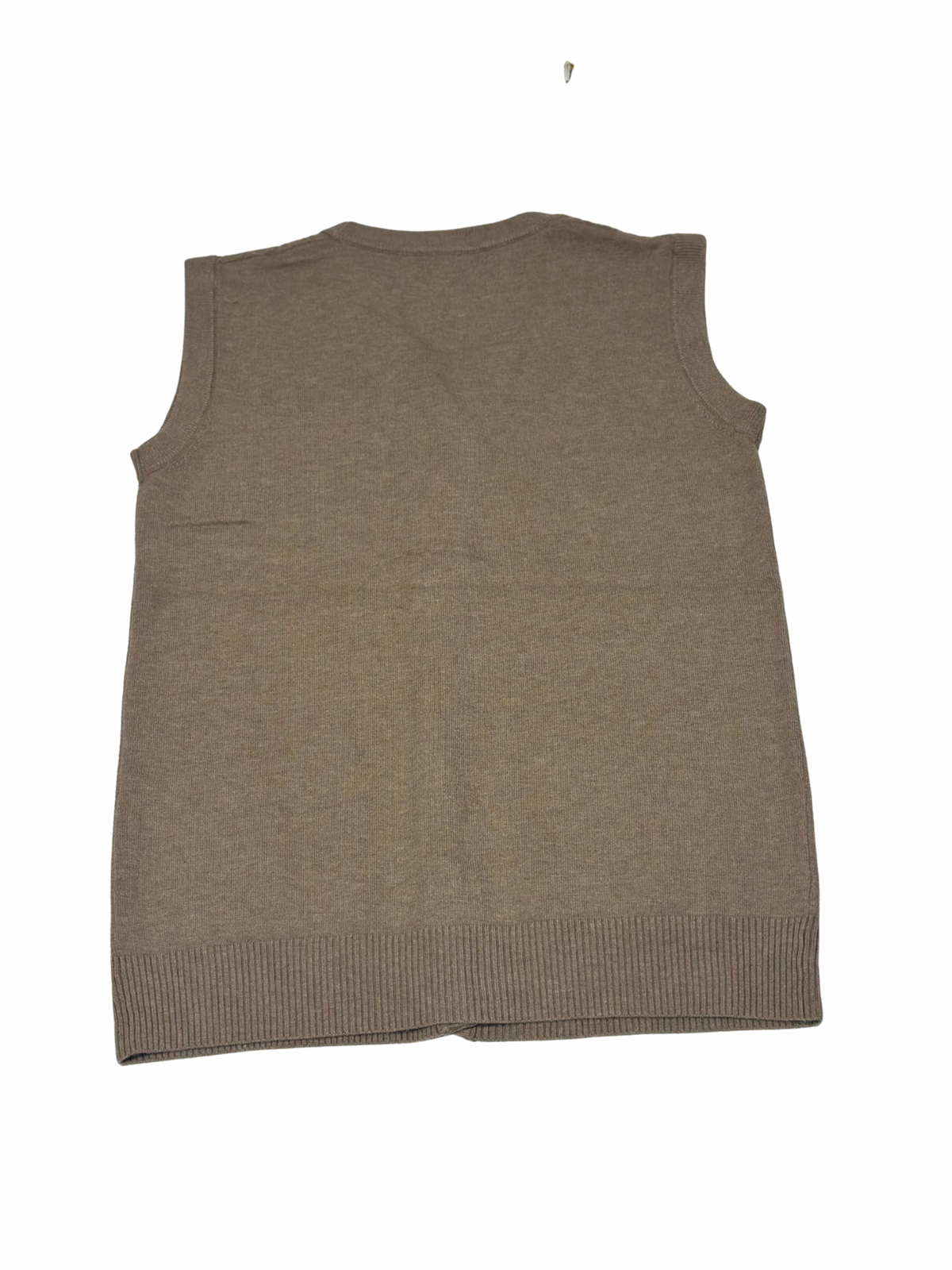 Cozy&Drape sleeveless wool cardigan sweater in brown, back view showing ribbed hem and knit texture.