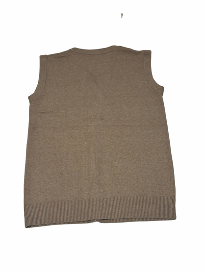Cozy&Drape sleeveless wool cardigan sweater in brown, back view showing ribbed hem and knit texture.