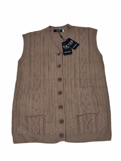 Cozy&Drape sleeveless wool cardigan sweater in brown with cable knit texture, front buttons, and two patch pockets.