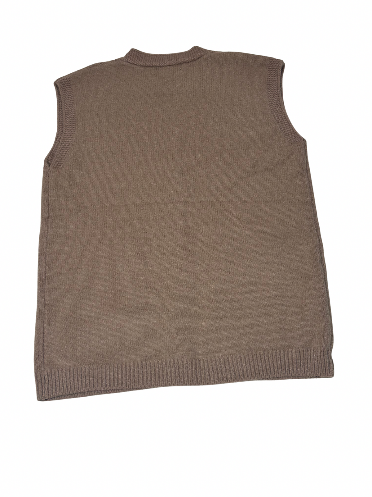 Cozy&Drape brown sleeveless wool cardigan sweater with a ribbed hem and armholes, shown from the back.