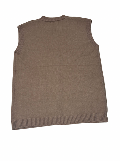 Cozy&Drape brown sleeveless wool cardigan sweater with a ribbed hem and armholes, shown from the back.