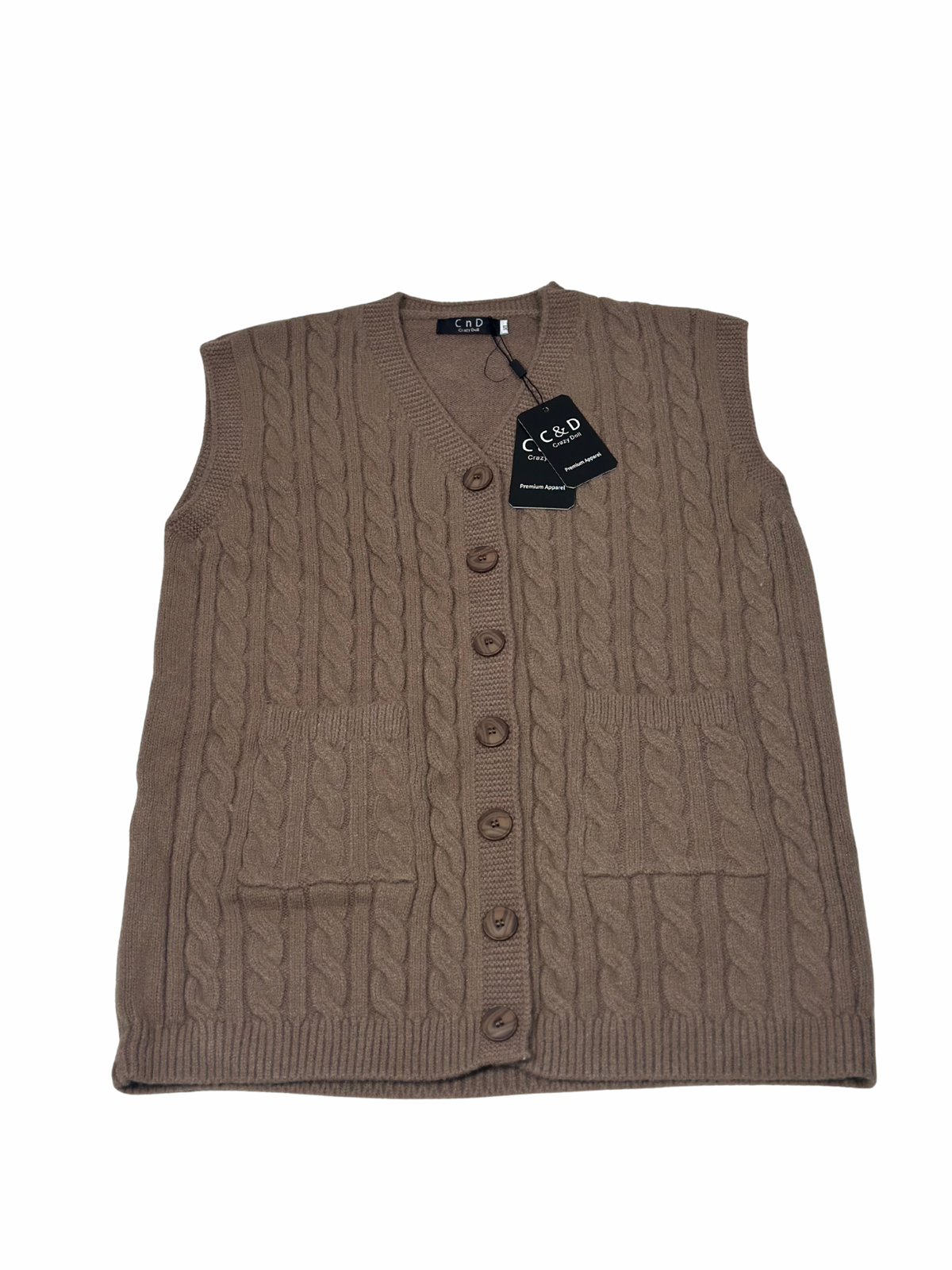 Cozy&Drape brown wool sleeveless cardigan sweater with cable knit pattern, front buttons, and two patch pockets.