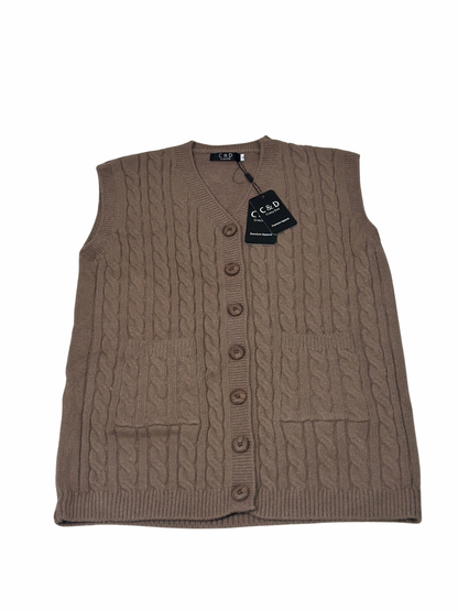 Cozy&Drape brown wool sleeveless cardigan sweater with cable knit pattern, front buttons, and two patch pockets.