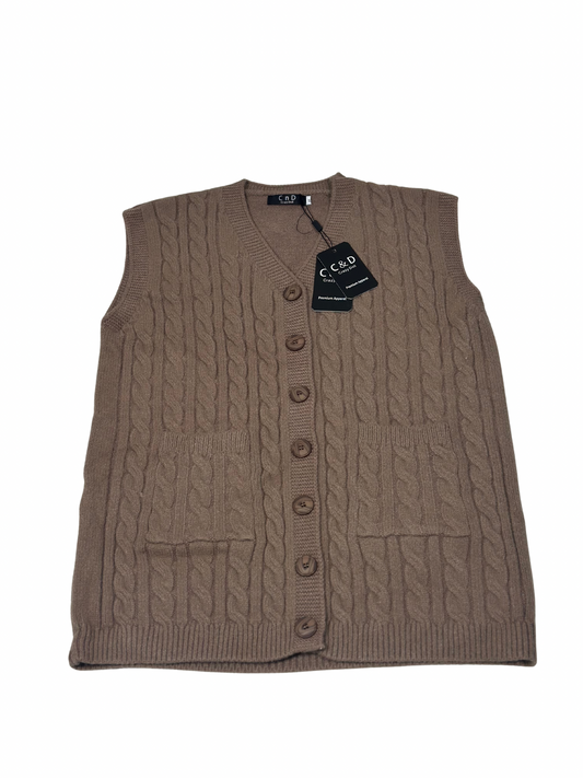Cozy&Drape brown wool sleeveless cardigan sweater with cable knit pattern, front buttons, and two patch pockets.