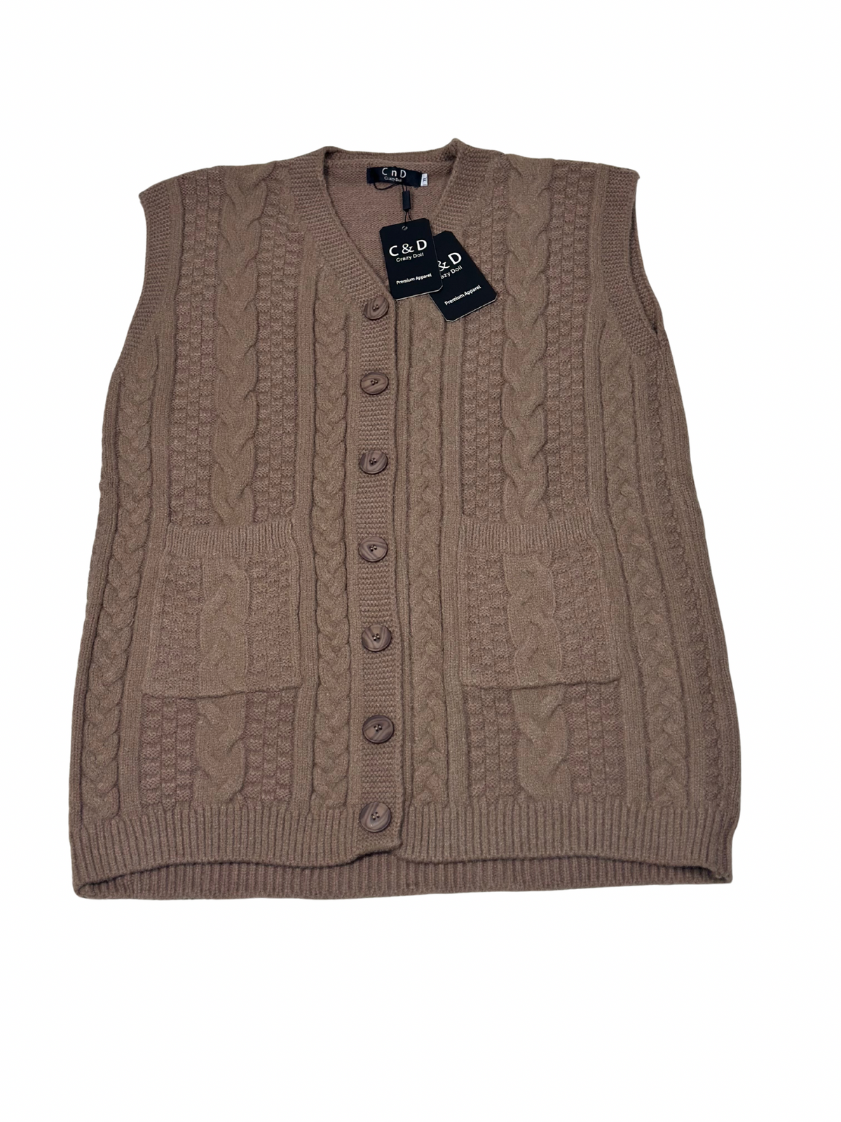 Cozy&Drape brown wool sleeveless cardigan sweater with cable knit pattern, front buttons, and two patch pockets.