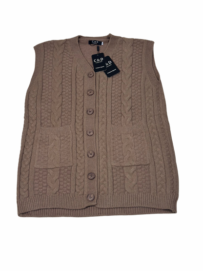 Cozy&Drape brown wool sleeveless cardigan sweater with cable knit pattern, front buttons, and two patch pockets.
