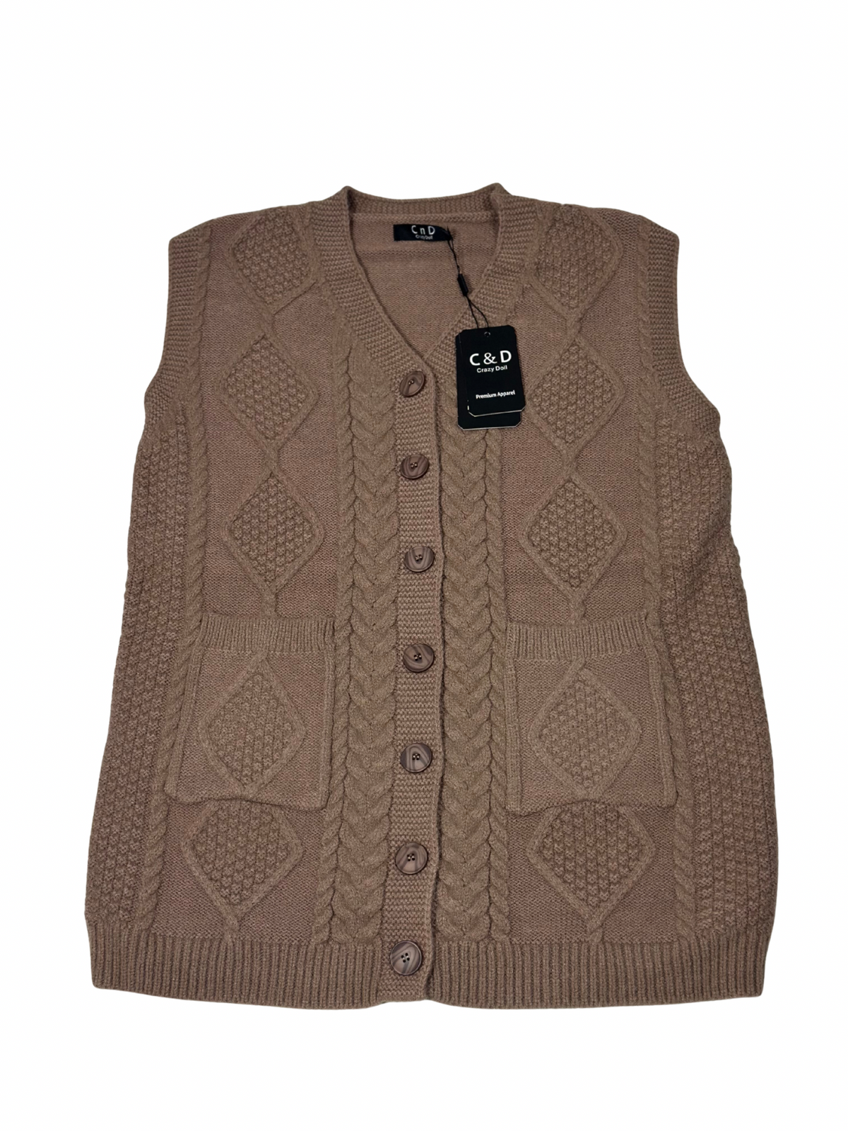 Cozy&Drape brown sleeveless wool cardigan sweater with cable knit pattern, front buttons, and two patch pockets.