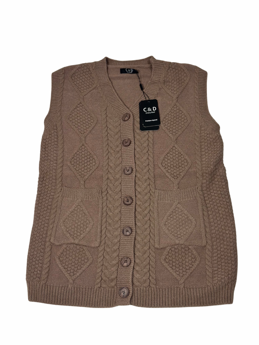 Cozy&Drape brown sleeveless wool cardigan sweater with cable knit pattern, front buttons, and two patch pockets.