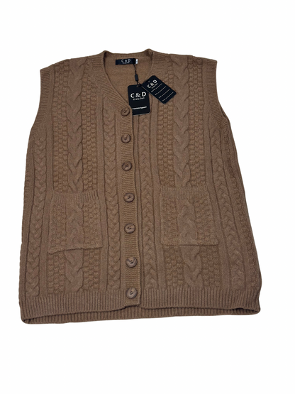Cozy&Drape brown wool sleeveless cardigan sweater with cable knit texture, front buttons, and two patch pockets.