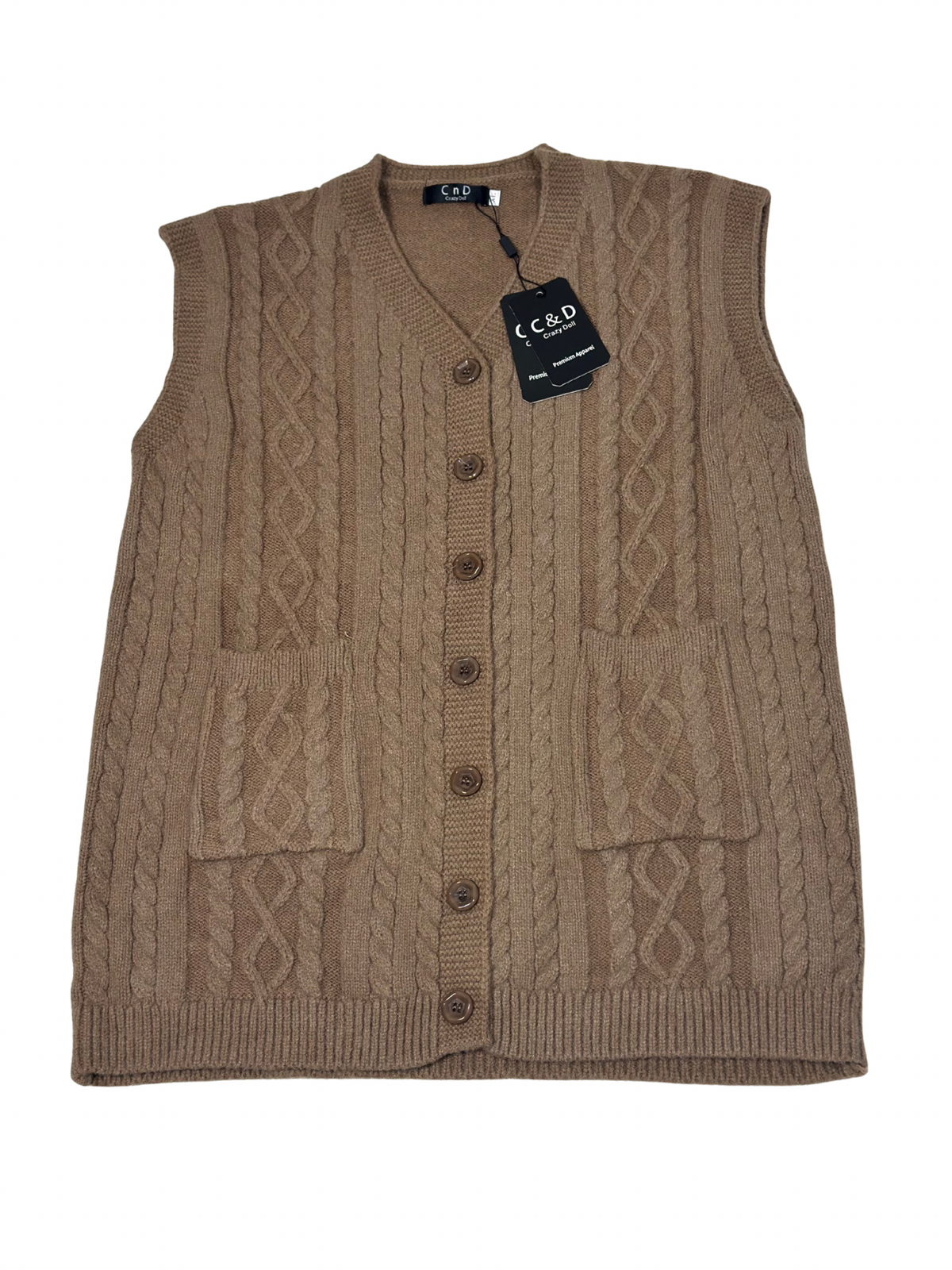 Cozy&Drape sleeveless wool cardigan sweater in brown with cable knit texture, front buttons, and two patch pockets.