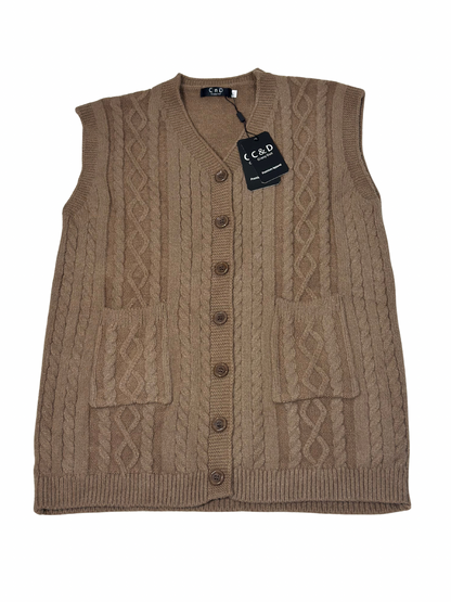 Cozy&Drape sleeveless wool cardigan sweater in brown with cable knit texture, front buttons, and two patch pockets.