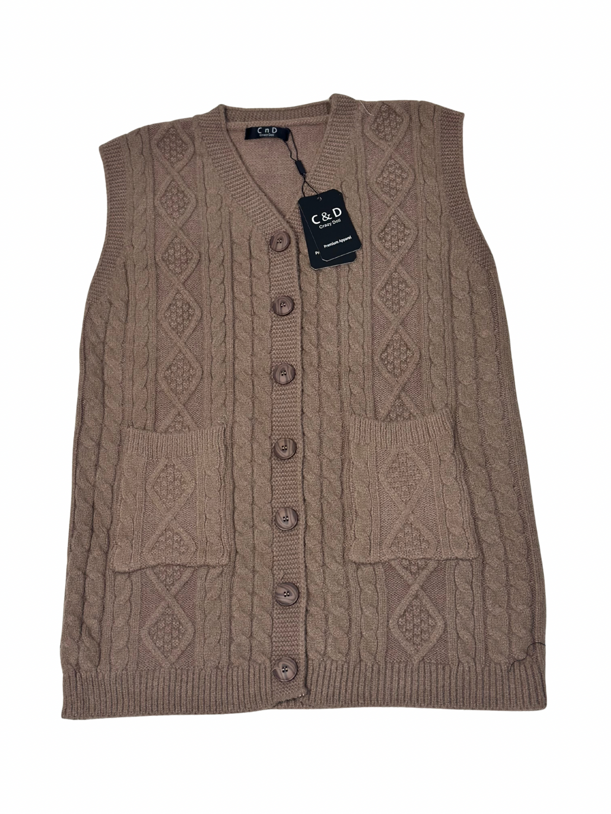 Cozy&Drape sleeveless wool cardigan sweater in brown with cable knit texture, button front, and two patch pockets.