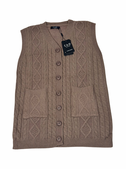 Cozy&Drape sleeveless wool cardigan sweater in brown with cable knit texture, button front, and two patch pockets.