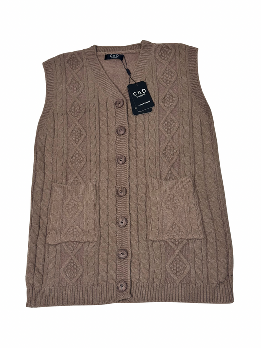 Cozy&Drape sleeveless wool cardigan sweater in brown with cable knit texture, button front, and two patch pockets.